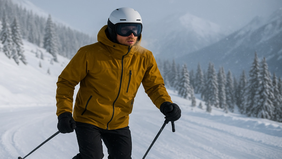 Schior purtând geacă de ski pentru freeride, în afara pârtiei, pe zăpadă neatinsă la munte.