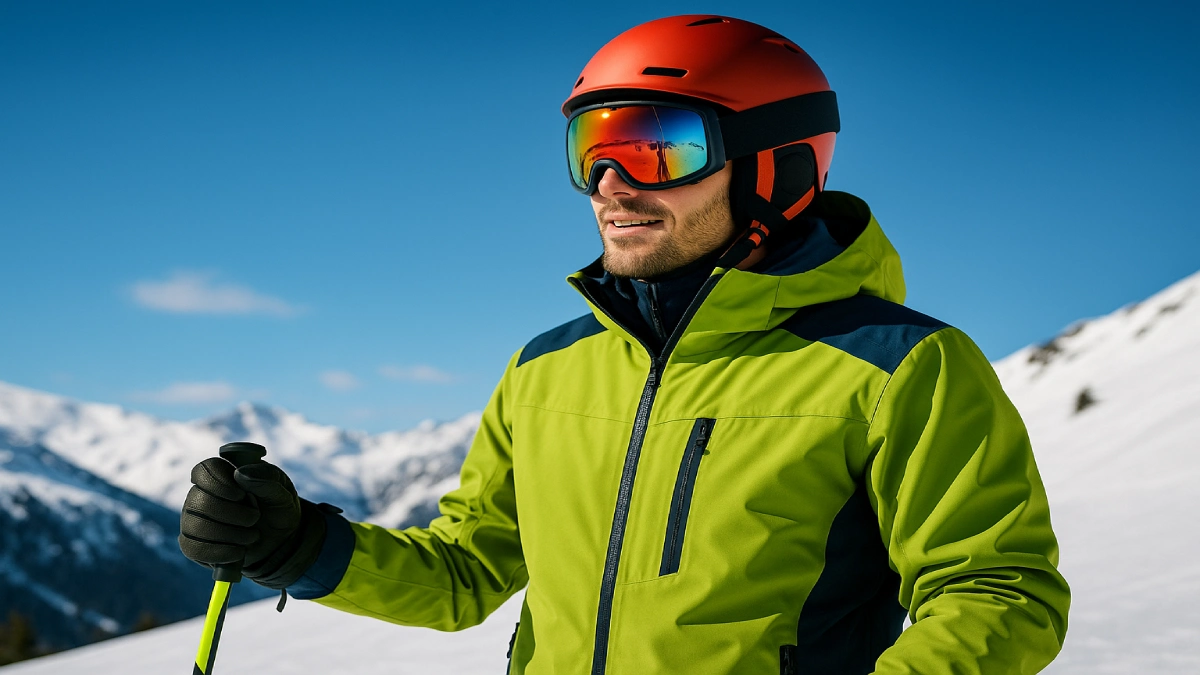 Schior purtând geacă de ski modernă verde, într-o zi senină la munte, cu vizibilitate foarte bună.