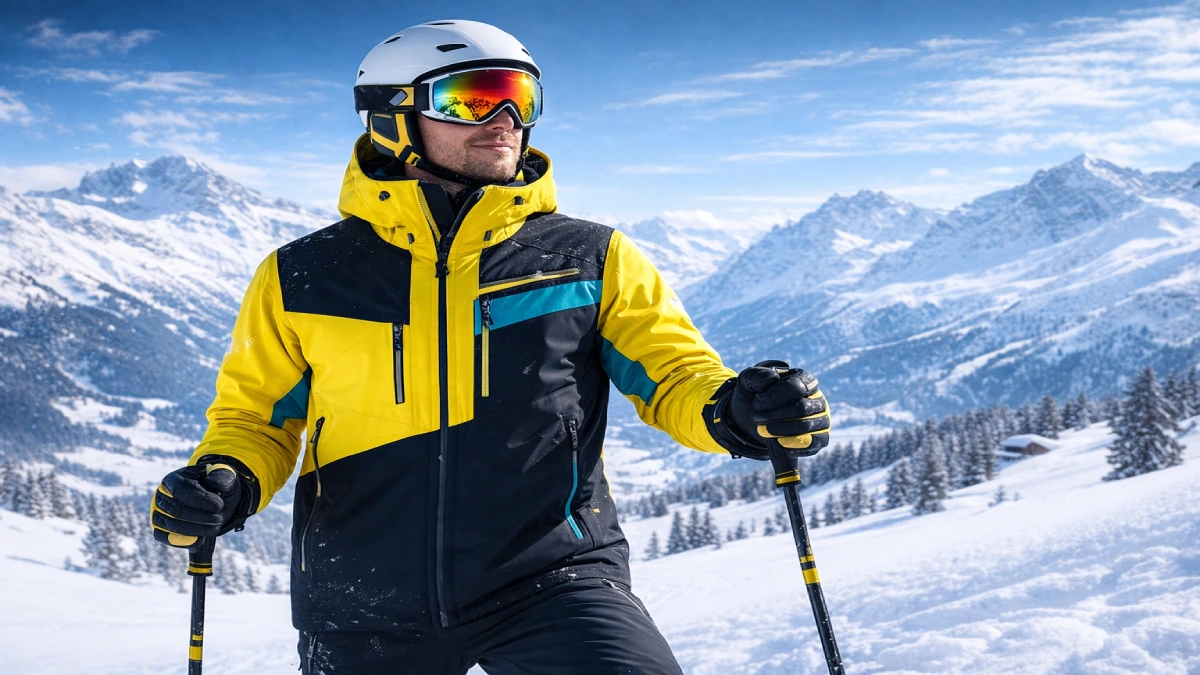 Schior purtând geacă de ski modernă galbenă, într-o zi senină pe munte, cu vizibilitate excelentă.