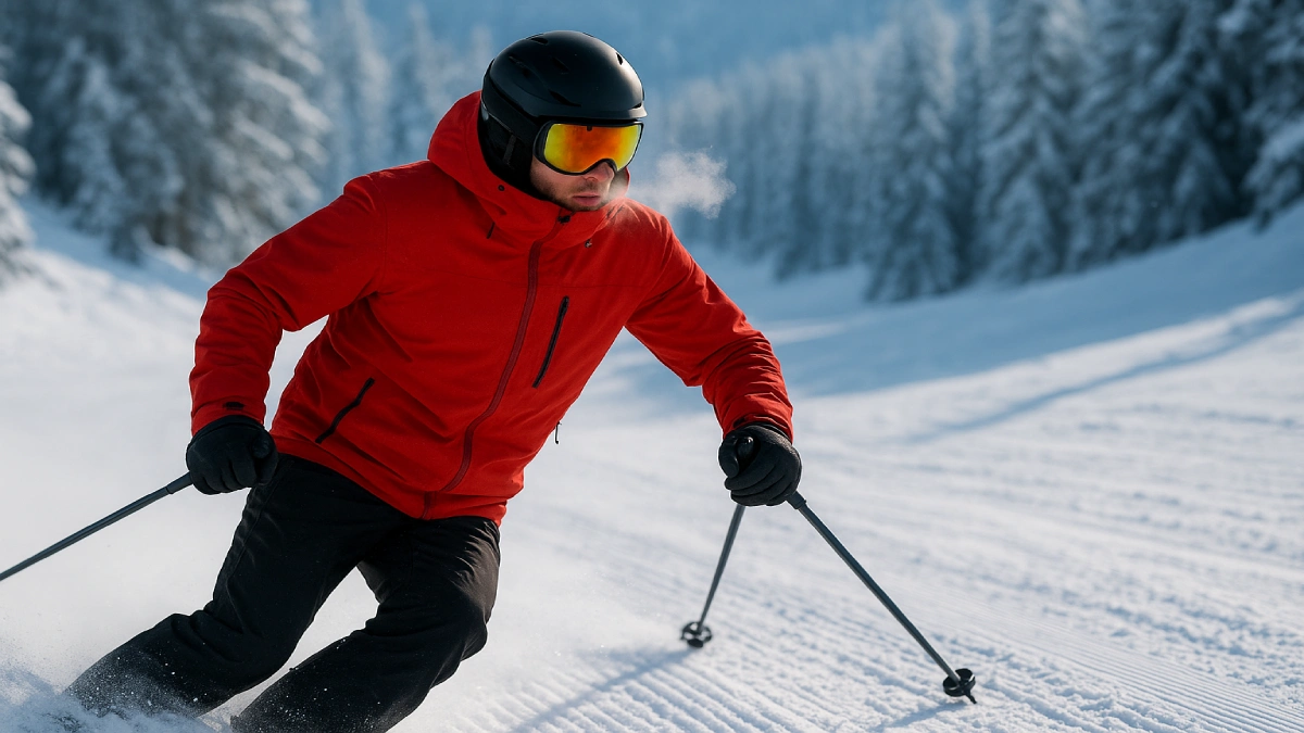 Schior în coborâre purtând geacă de ski performantă, în condiții de frig intens pe pârtie.