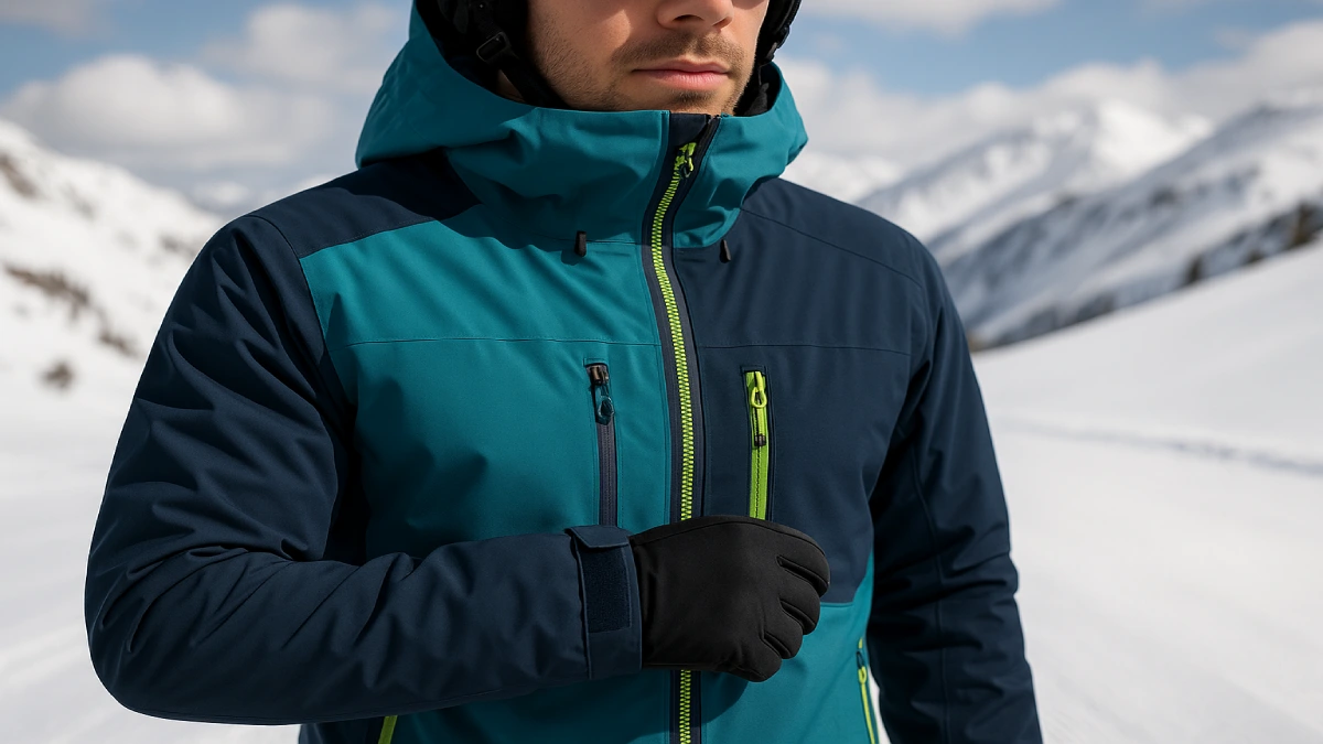 Detalii funcționale ale unei geci de ski premium, cu fermoare impermeabile și buzunare tehnice.