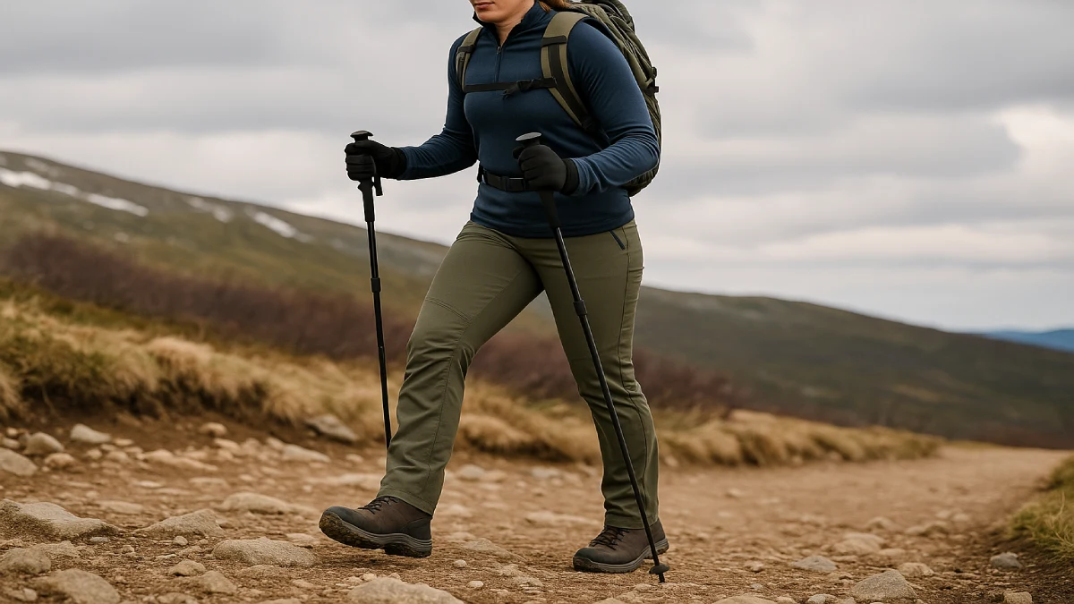 Pantaloni de drumeție pentru damă, close-up pe genunchii articulați și materialul elastic, în timpul mersului pe un traseu montan.