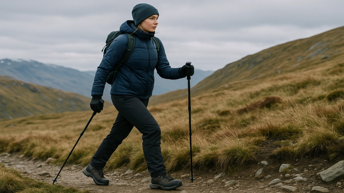 Femeie purtând pantaloni de drumeție pentru damă, într-o zonă montană rece, mergând pe potecă cu bețe de trekking.
