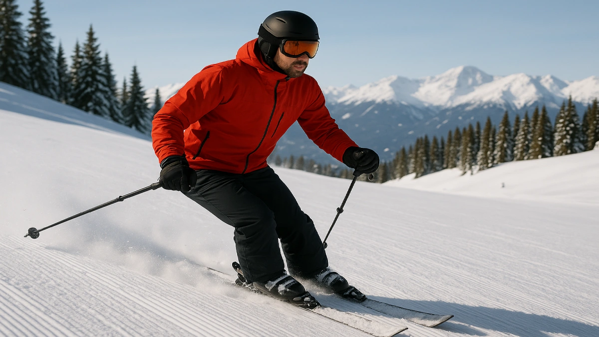 Schior purtând pantaloni de ski pentru bărbați în coborâre pe pârtie amenajată