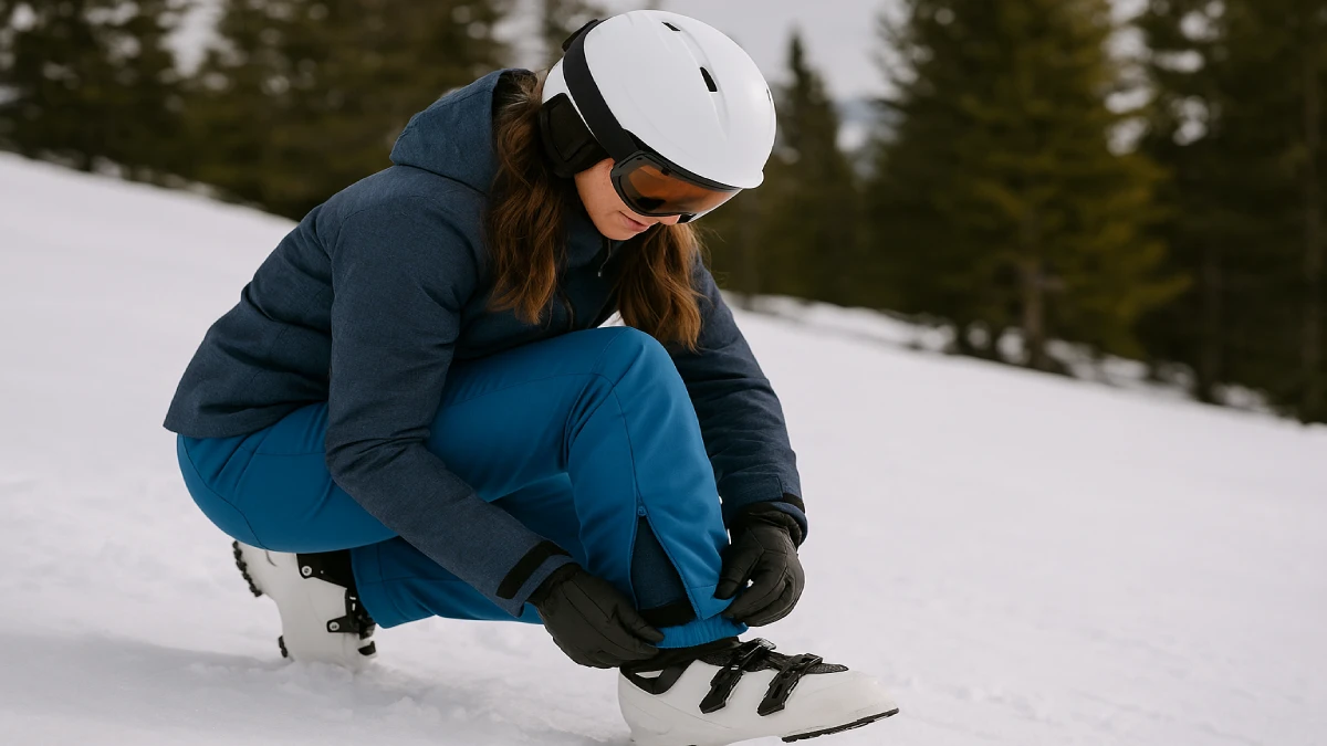 Femeie ajustând tivul pantalonilor de ski pe zăpadă