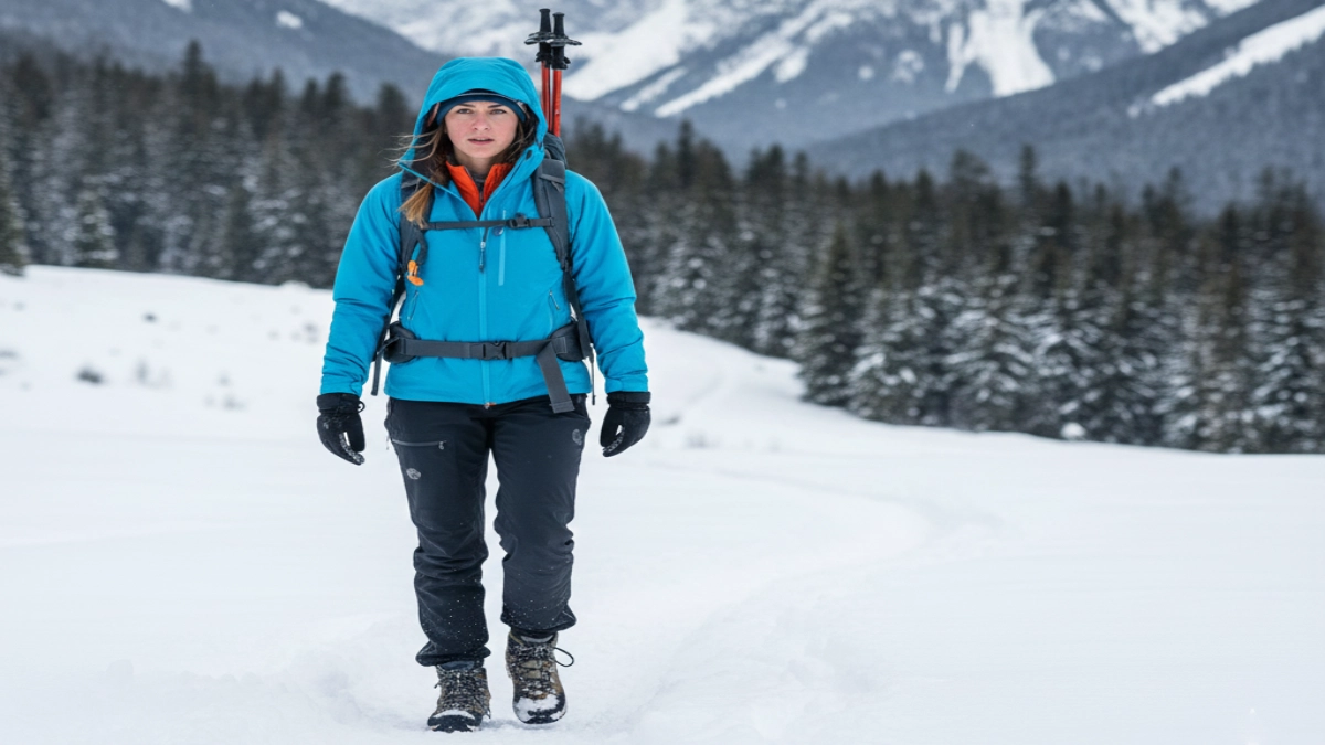 femeie purtând geacă de iarnă damă pentru activități outdoor într-un peisaj montan cu zăpadă