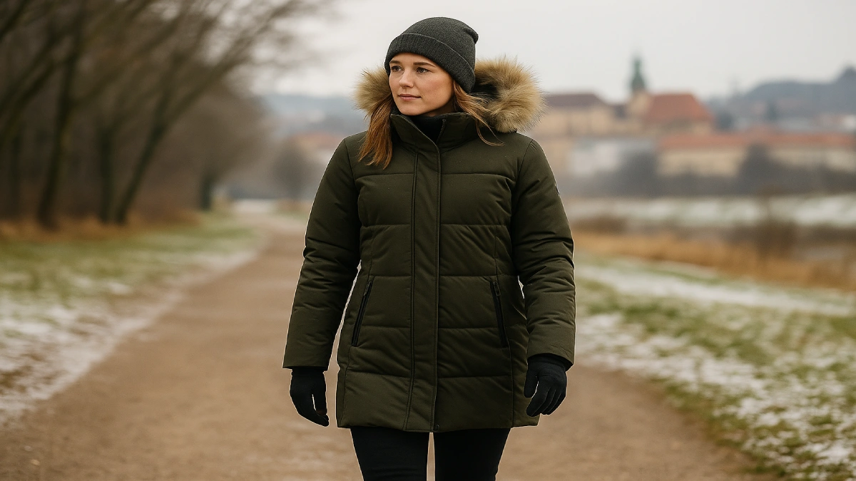 femeie purtând geacă de iarnă damă într-un context mixt, urban și natură