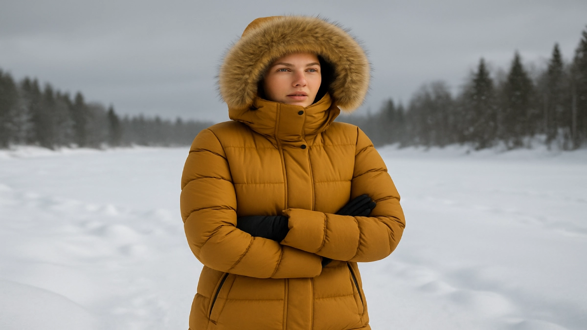 femeie purtând geacă de iarnă damă groasă în condiții de ger și zăpadă