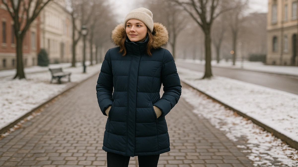 femeie purtând geacă de iarnă damă într-un decor urban, pe timp de iarnă