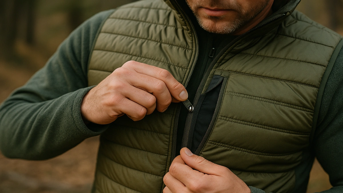 Prim-plan cu un bărbat care închide fermoarul unui buzunar la o vestă de drumeție