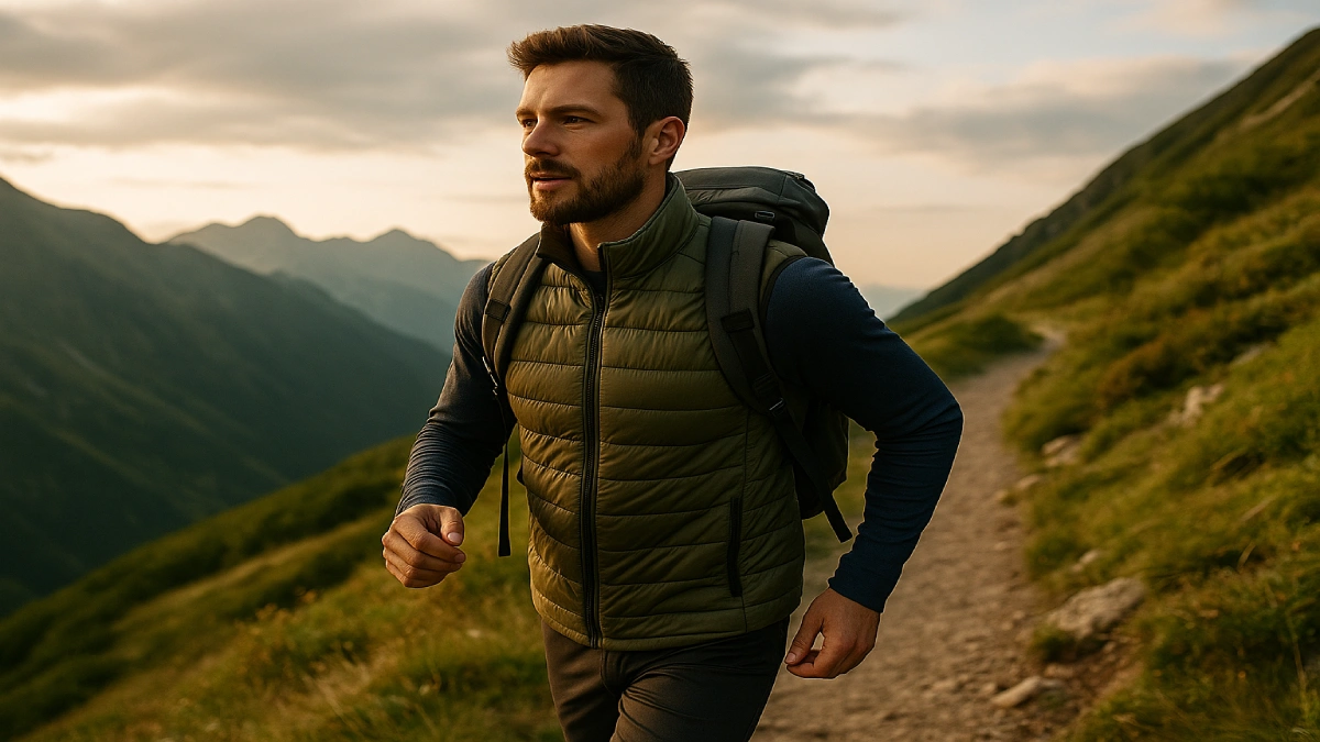 Bărbat purtând o vestă de drumeție pe un traseu montan la apus