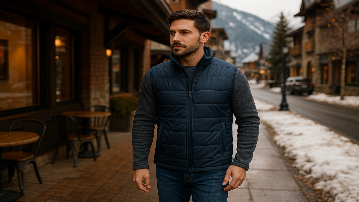 Bărbat purtând vestă matlasată într-o stațiune montană, pe vreme rece