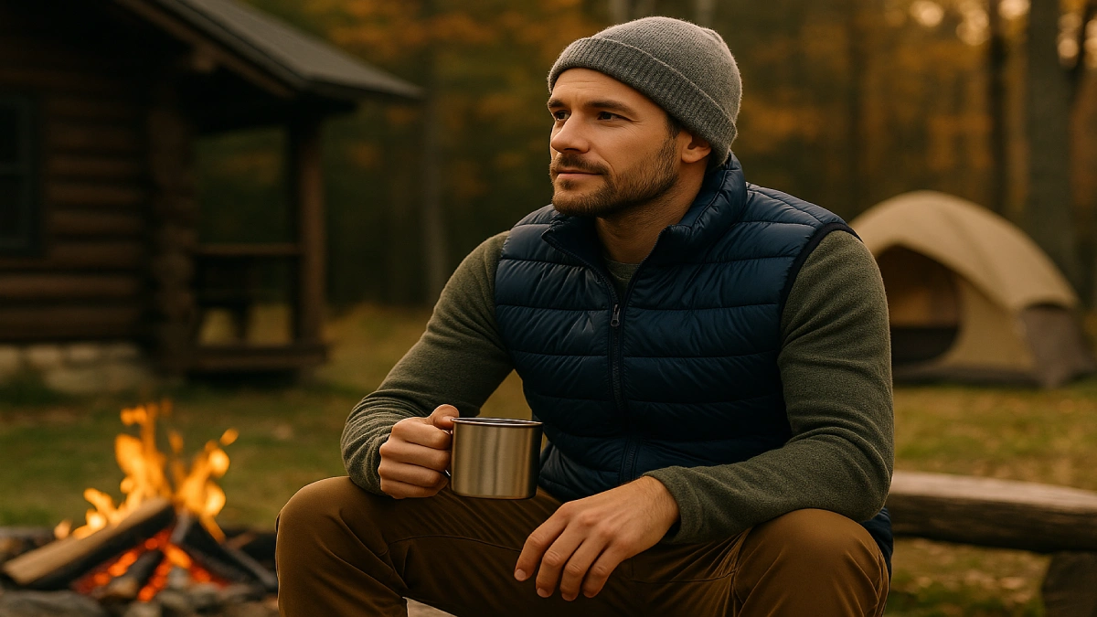 Bărbat purtând vestă matlasată în zona de camping, lângă foc de tabără