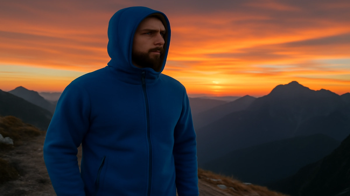Bărbat în jachetă fleece albastră pe munte la apus.