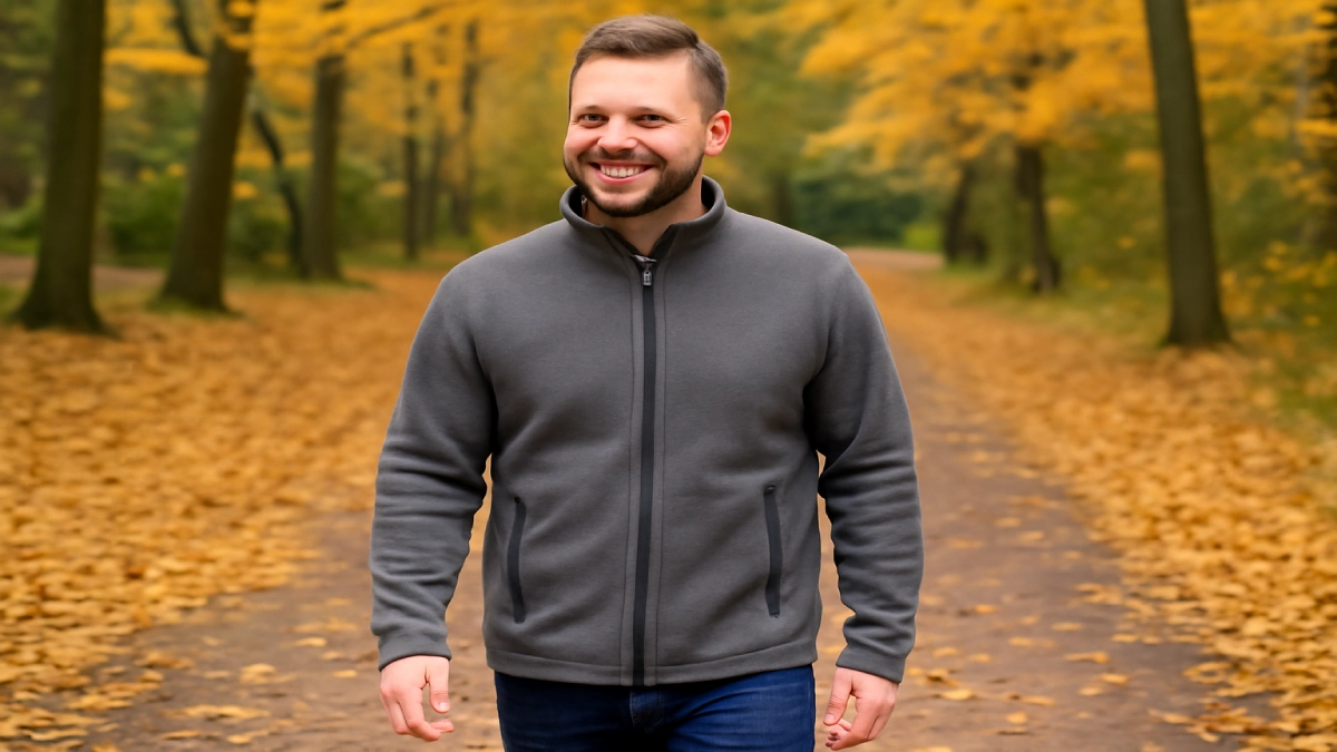 Bărbat în jachetă fleece gri plimbându-se prin parc în toamnă.