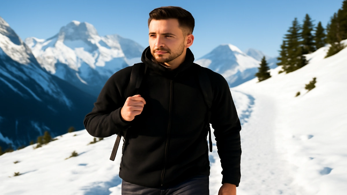 Bărbat în jachetă fleece neagră pe traseu montan acoperit cu zăpadă.