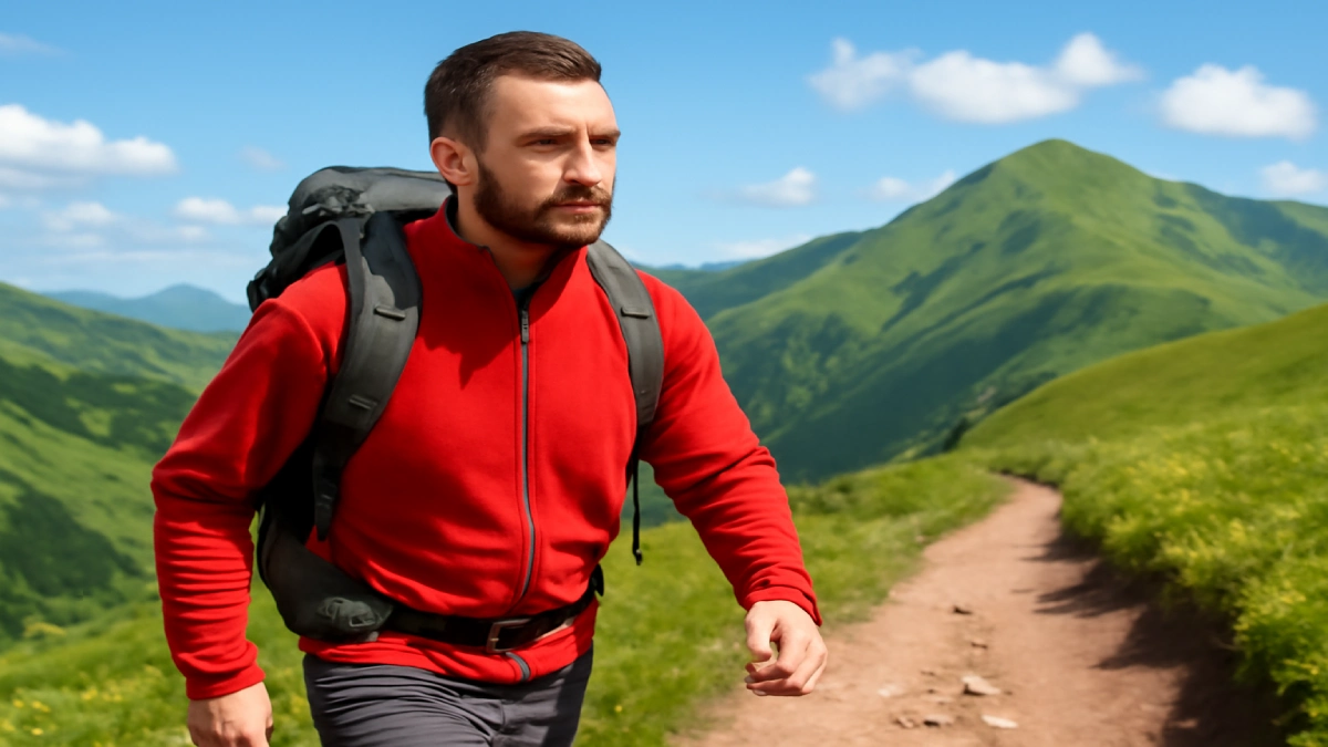 Bărbat în jachetă fleece roșie pe traseu montan cu rucsac.