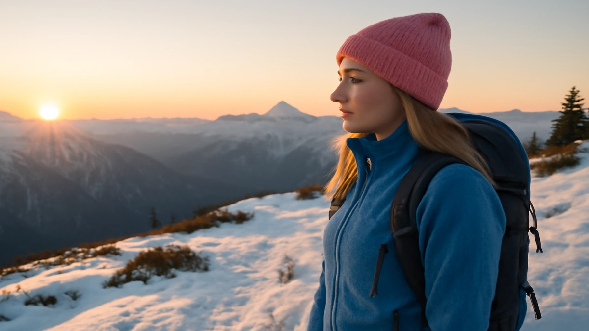 Femeie pe un vârf de munte la apus, purtând jachetă fleece albastră și căciulă roz