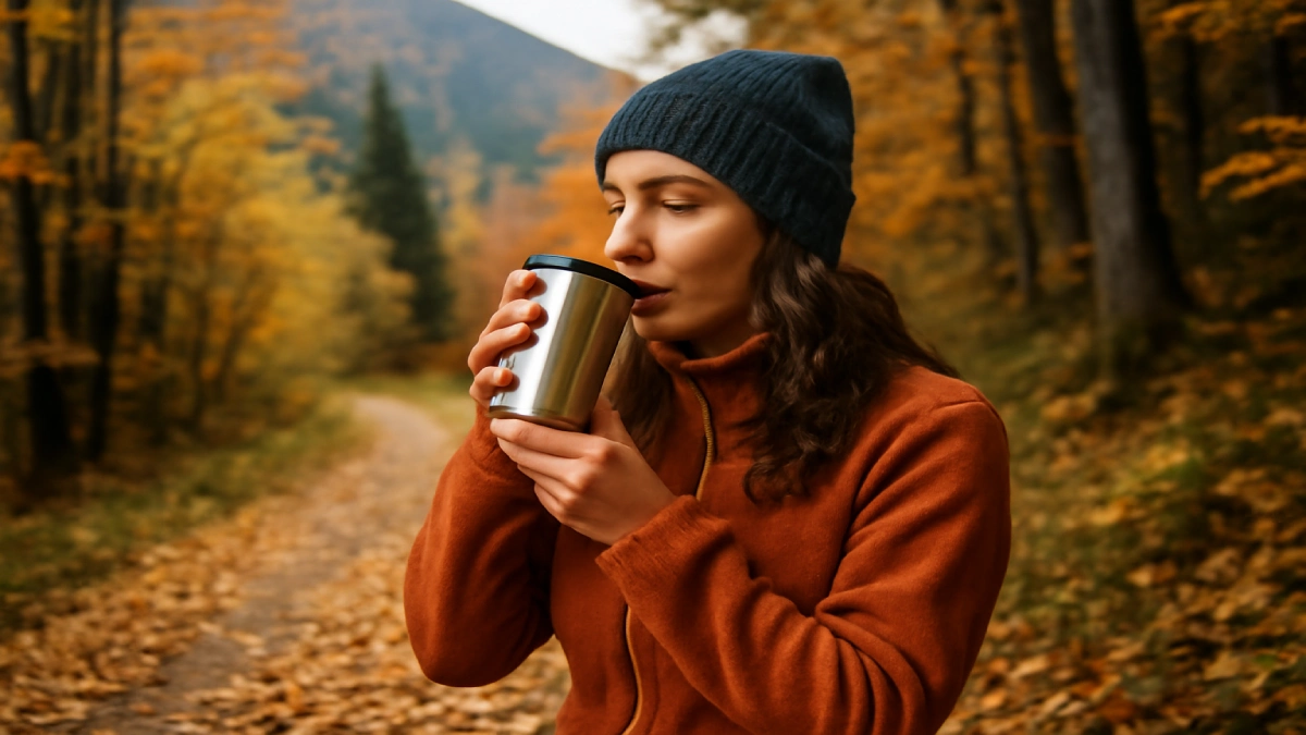 Femeie pe un traseu de munte, savurând dintr-un termos de metal