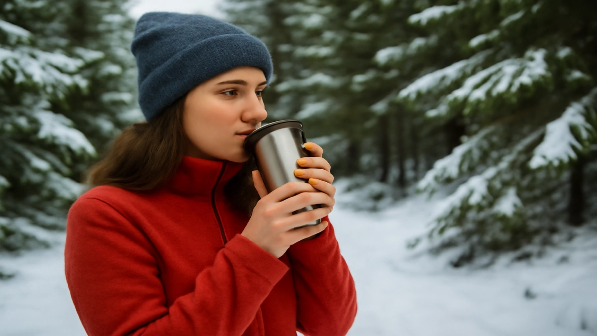 Femeie cu jachetă roșie, savurând dintr-un termos pe un drum de munte acoperit cu zăpadă