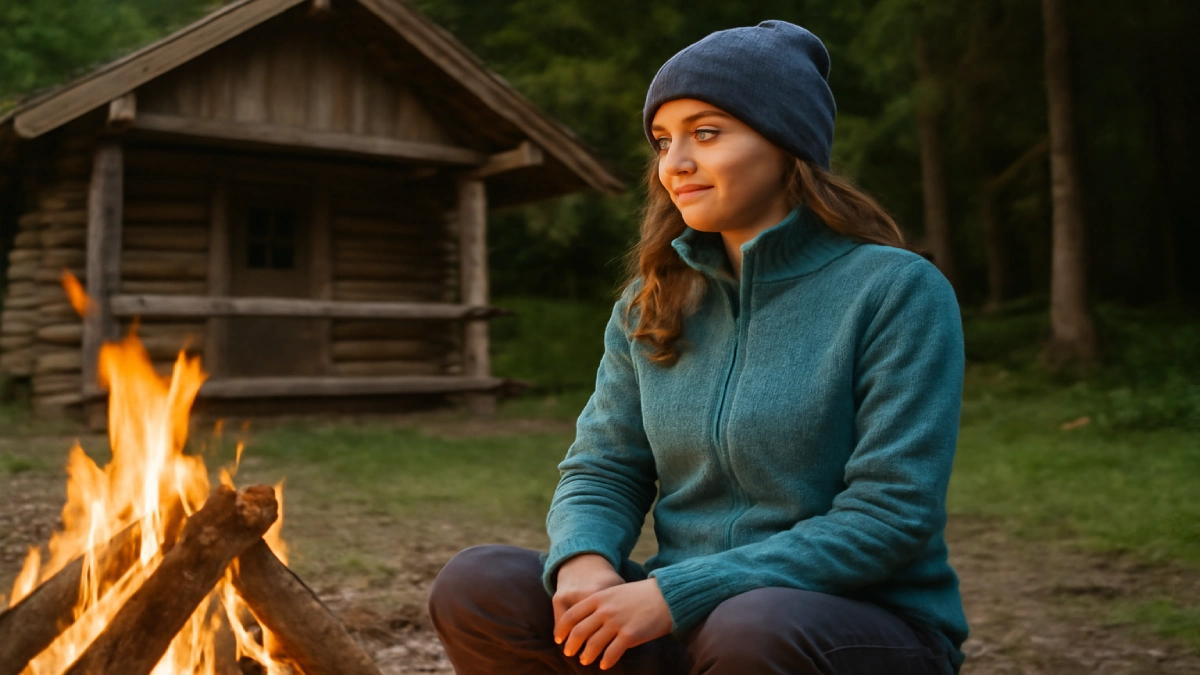 Femeie la un foc de tabără lângă o cabană din lemn