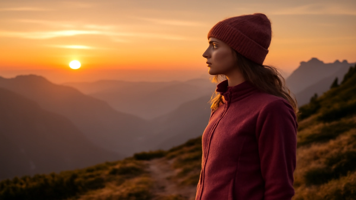 Femeie cu jachetă fleece roz privind peisajul montan la apus