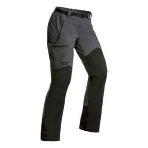 Pantalon trekking la munte Forclaz MT500, gri, damă, material extensibil, întărituri rezistente, hidrofob, respirabil, întreținere ușoară, 4 buzunare securizate, greutate 370g pentru mărimea 40 (M).