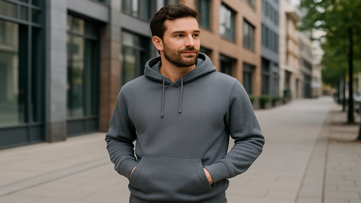 Bărbat îmbrăcat într-un hanorac gri, pe trotuarul unui oraș, cu o expresie neutră, trecând pe lângă clădiri moderne.