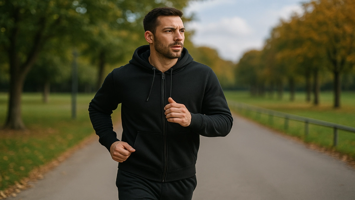 Bărbat îmbrăcat într-un hanorac negru, alergând pe o potecă dintr-un parc, cu o expresie concentrată, înconjurat de copaci.