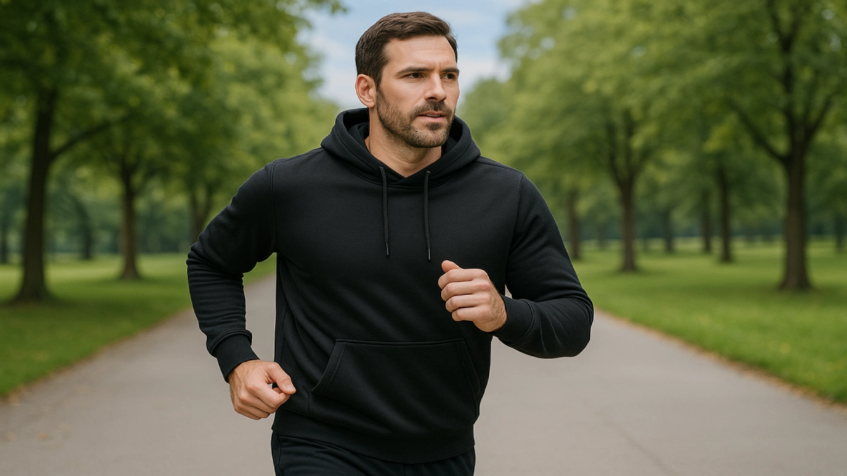 Bărbat îmbrăcat într-un hanorac negru, alergând pe un drum dintr-un parc, cu o expresie concentrată, înconjurat de vegetație.