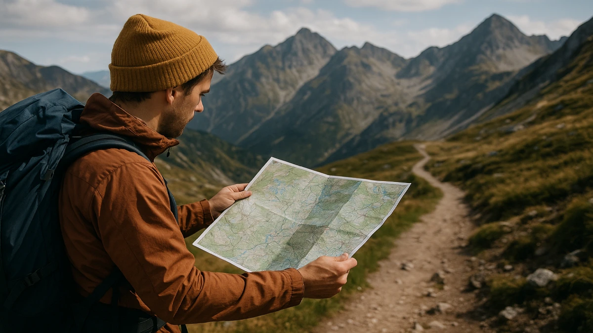 Drumeț consultând o hartă montană pe un traseu alpin, cu creste și poteci în fundal.