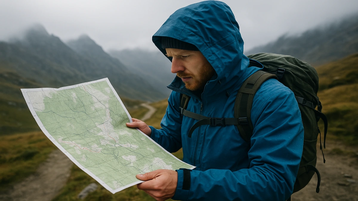 Drumeț analizând o hartă montană în condiții de ceață pe un traseu alpin.