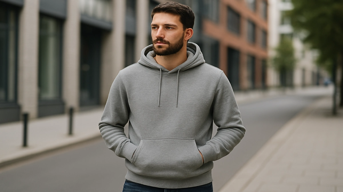 Bărbat purtând un hanorac gri pentru bărbați, într-un context urban modern