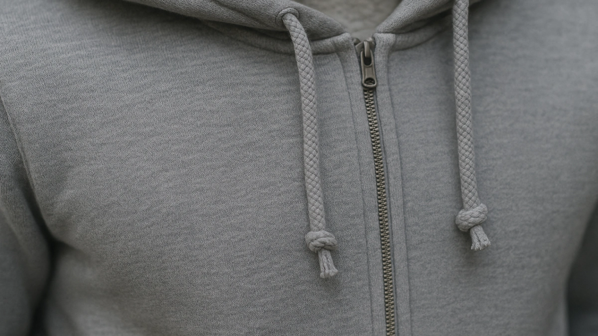 Prim-plan al unui hanorac gri, evidențiind fermoarul, șnururile răsucite și textura materialului.
