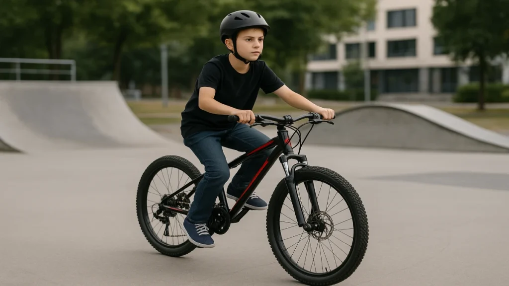 Adolescent de 12–13 ani pe o bicicletă MTB neagră într-un skatepark