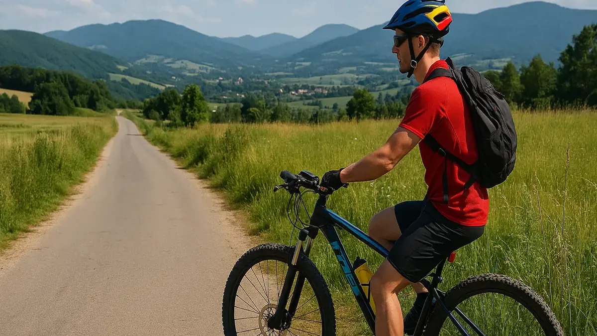 Ciclist pe bicicletă de munte pe un drum rural, cu accesorii de ciclism alături