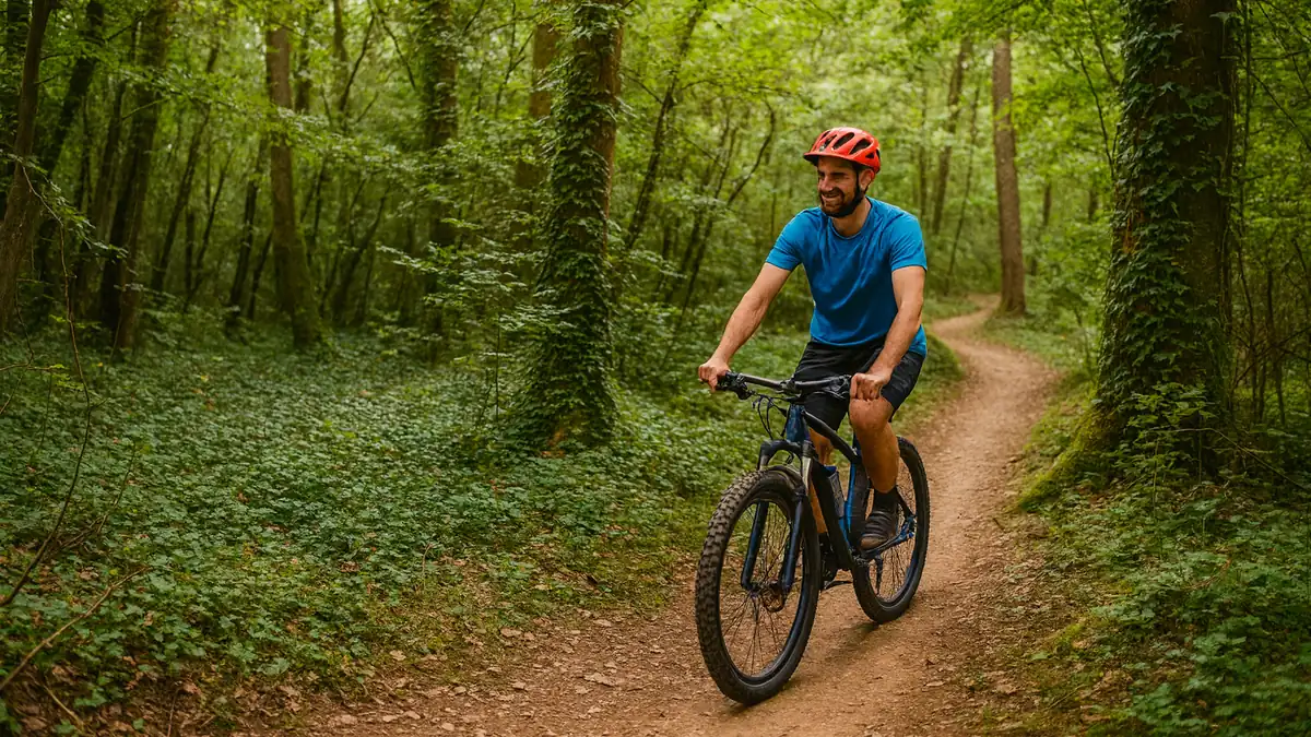 Ciclist pe bicicletă de munte pe o potecă prin pădure