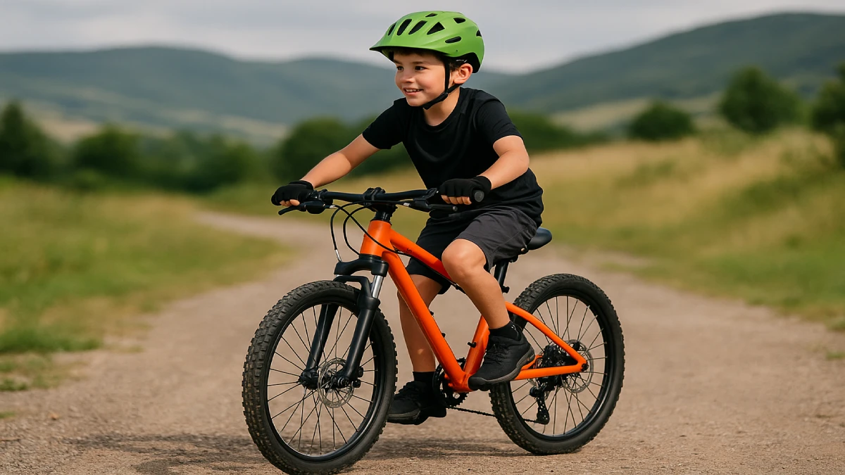 Băiat de 9 ani pe o bicicletă MTB portocalie pe un traseu off-road