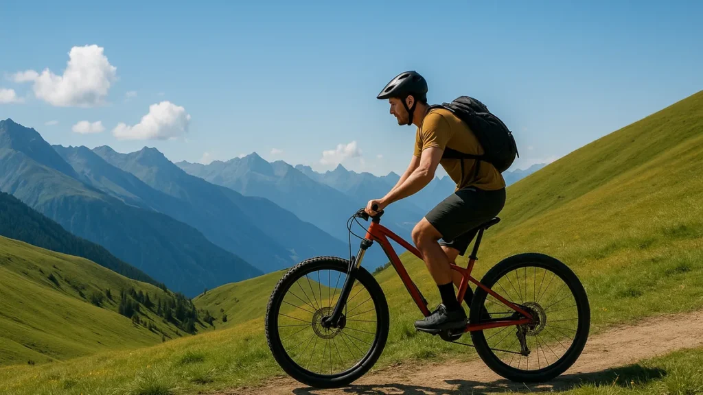 Ciclist pe o bicicletă de munte urcând pe un traseu alpin, cu munți în fundal