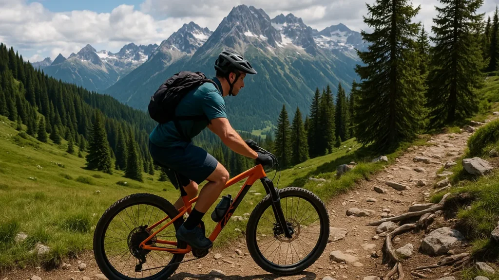 Ciclist pe o bicicletă de munte pe un traseu montan