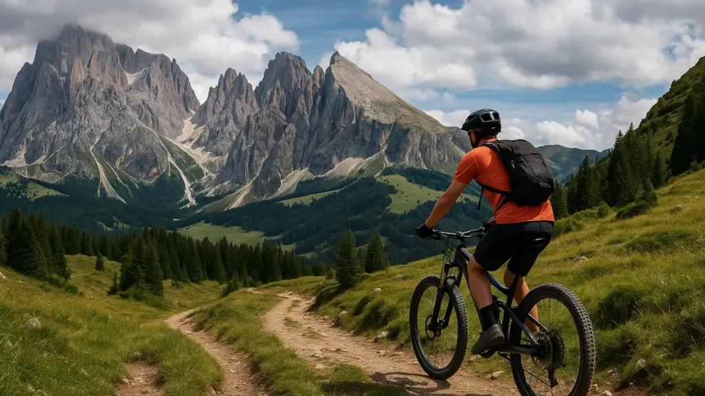 Ciclist pe o bicicletă de munte pe un traseu montan
