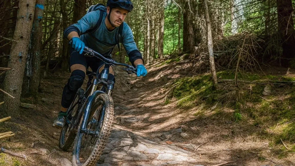 Ciclist pe bicicletă de munte coborând pe un traseu tehnic prin pădure