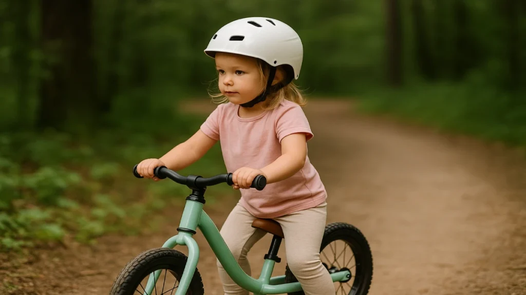 Fetiță de 3 ani pe o bicicletă de echilibru mint pe o potecă din pădure