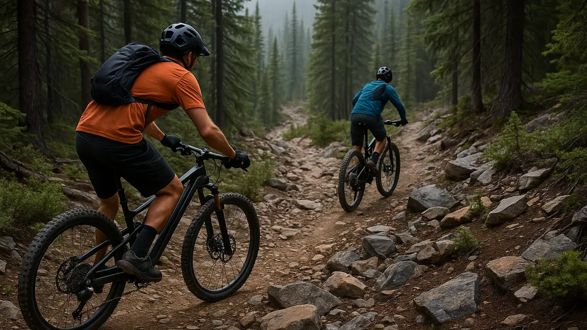 Ciclist montan urmărind alt ciclist montan pe un traseu dificil, cu biciclete marca Kron. Doi cicliști de munte pe un traseu tehnic, unul urmărindu-l pe celălalt