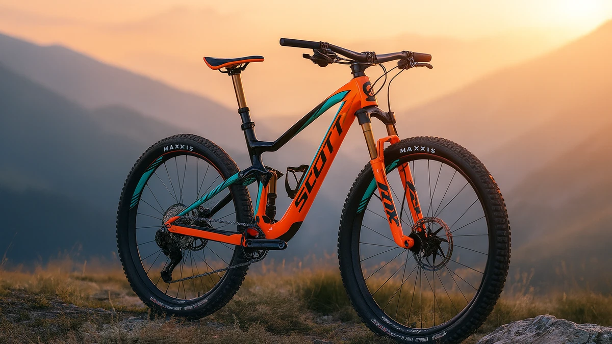 Bicicletă Scott full-suspension de munte, fotografiată la apus pe un vârf de munte