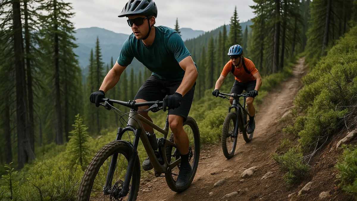 Bicicliști pe traseu montan pe biciclete de tip mountain bike (MTB)