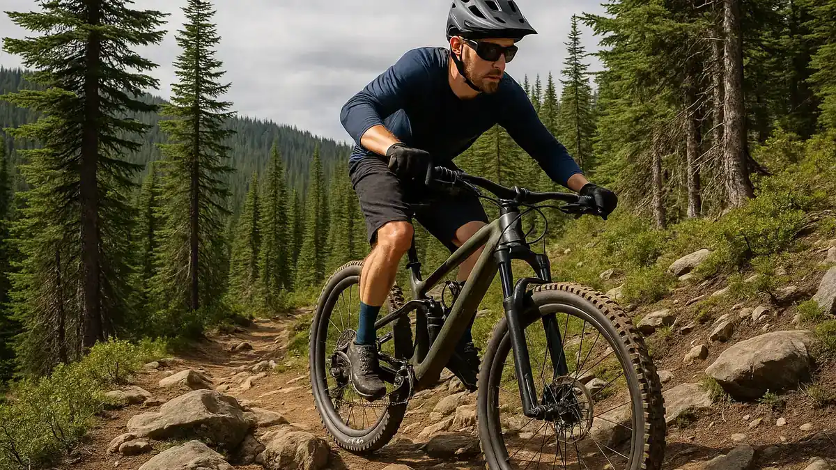 Ciclist pe traseu montan pe o bicicletă de tip mountain bike (MTB)