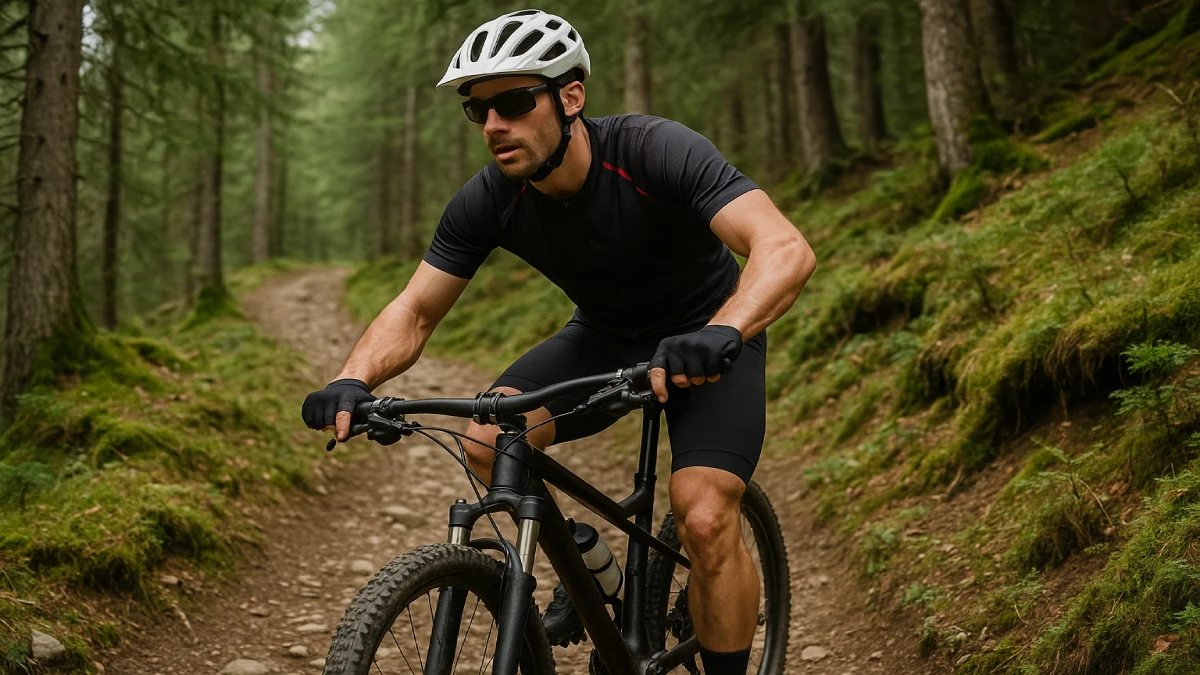 Ciclist pe traseu montan purtând pantaloni de ciclism pentru MTB