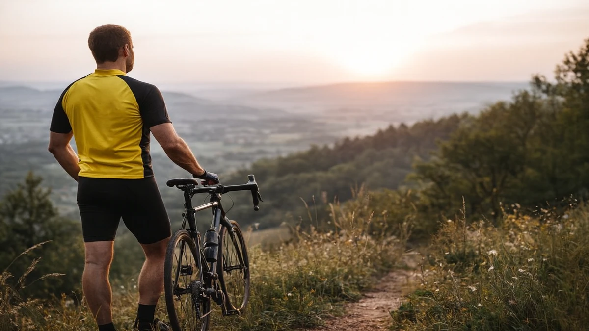 Ciclist privind peisajul la apus, alături de bicicleta de șosea