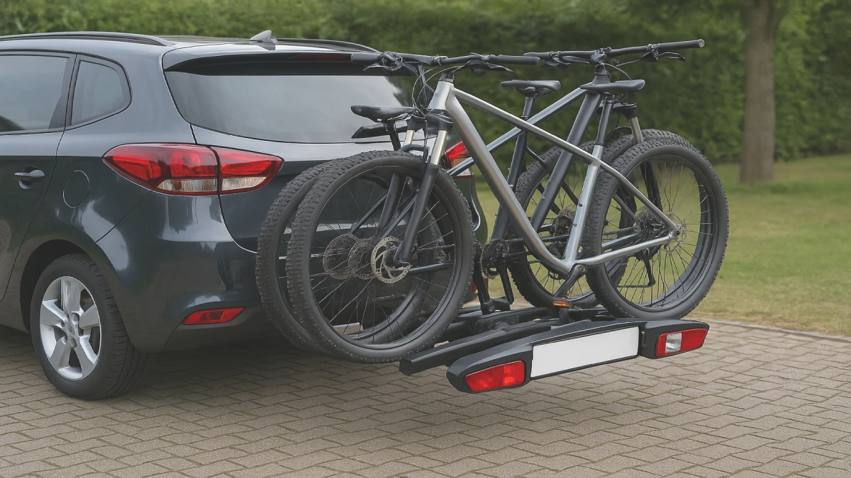 Suport auto pe cârlig montat pe SUV, încărcat cu trei biciclete MTB
